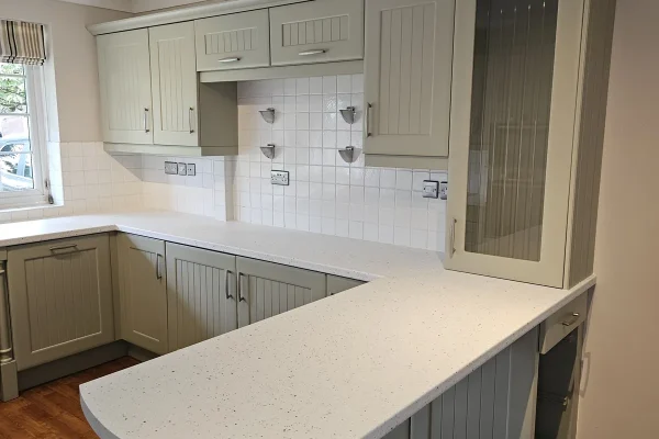 After kitchen respray Louth – professional white satin finish on cabinets and worktops by Spray Granite Specialists